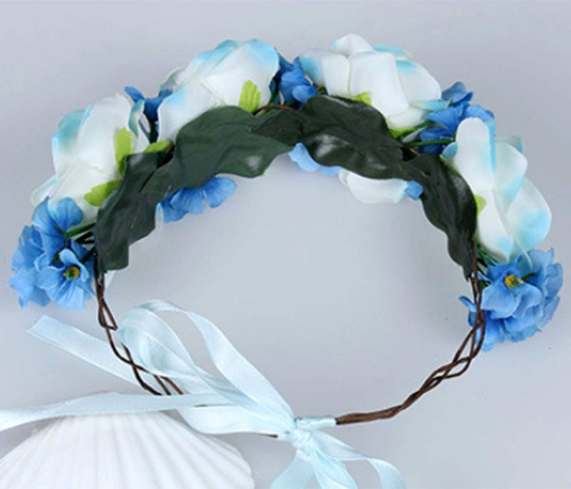 LLinfflr Floral Garland Crown Boho Flower Headband Hair Wreath Floral Halo Headpiece with Ribbon Wedding Party Blue - Image 3